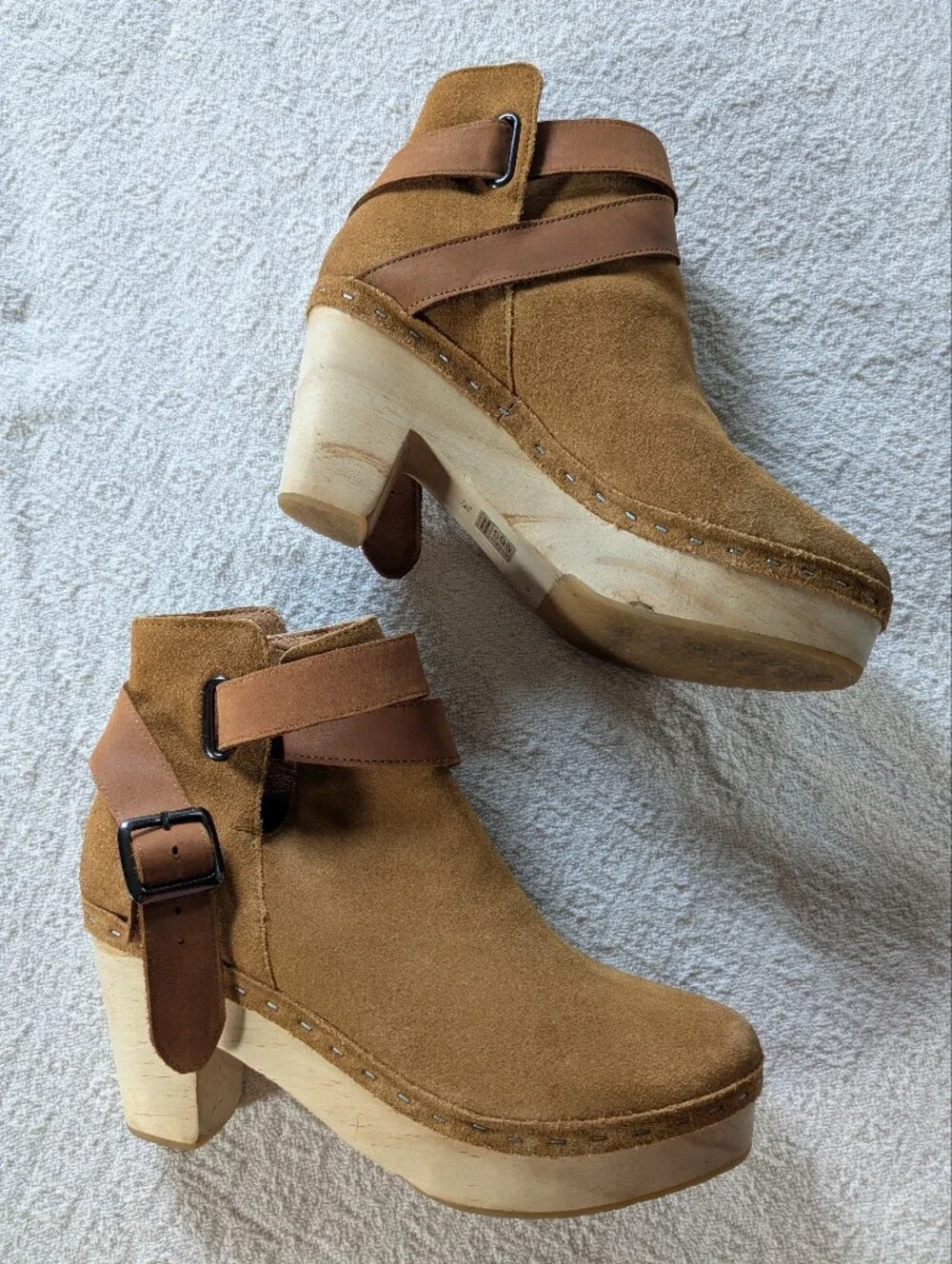 Free People Bungalow Wooden Clog Ankle Boot Strap Suede Sand Sz 39